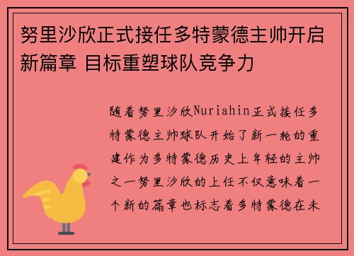 努里沙欣正式接任多特蒙德主帅开启新篇章 目标重塑球队竞争力